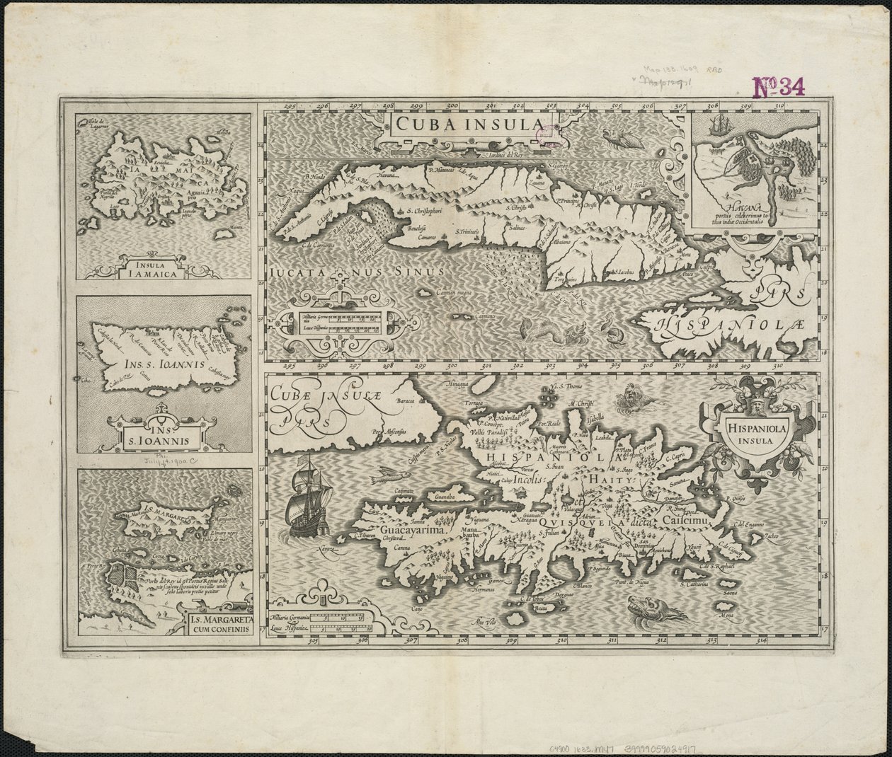 Ilha de Cuba; Ilha de Hispaniola, gravada por Hendrik Hondius, 1633 de Gerard after Mercator