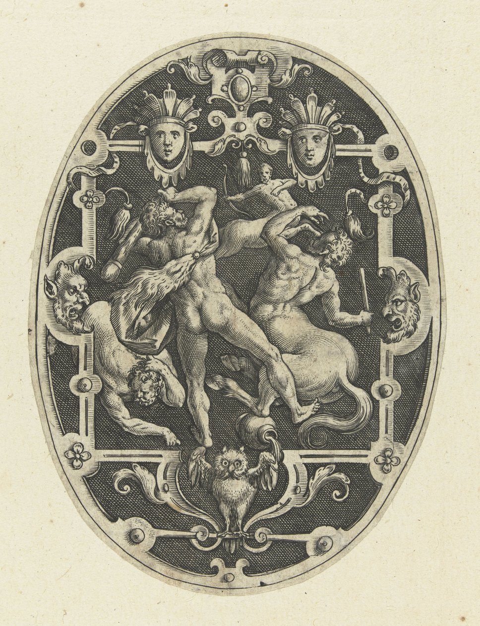 Hércules em batalha com os centauros
Decorações de plano oval representando os feitos de Hércules em grotescos (título da série) de Gerard de Jode