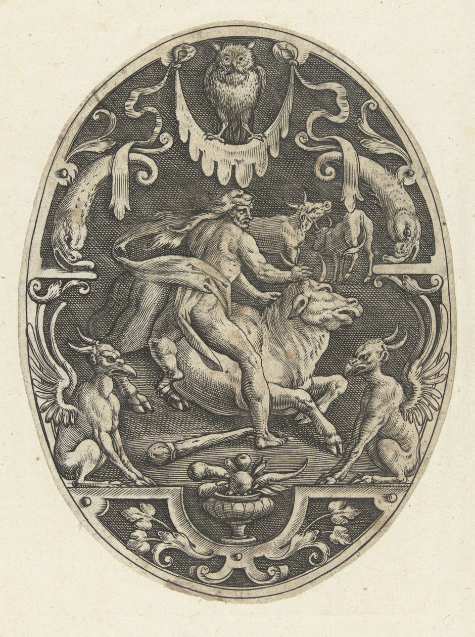 Hércules captura o touro cretense Decorações de superfície oval com os feitos de Hércules em grotescos (título da série) de Gerard de Jode