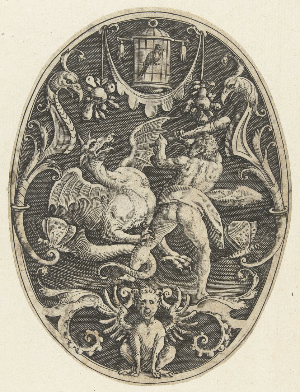 Decoração de planos: Hércules mata o dragão Ladon
Decorações de plano oval representando os feitos de Hércules em grotescos (título da série) de Gerard de Jode