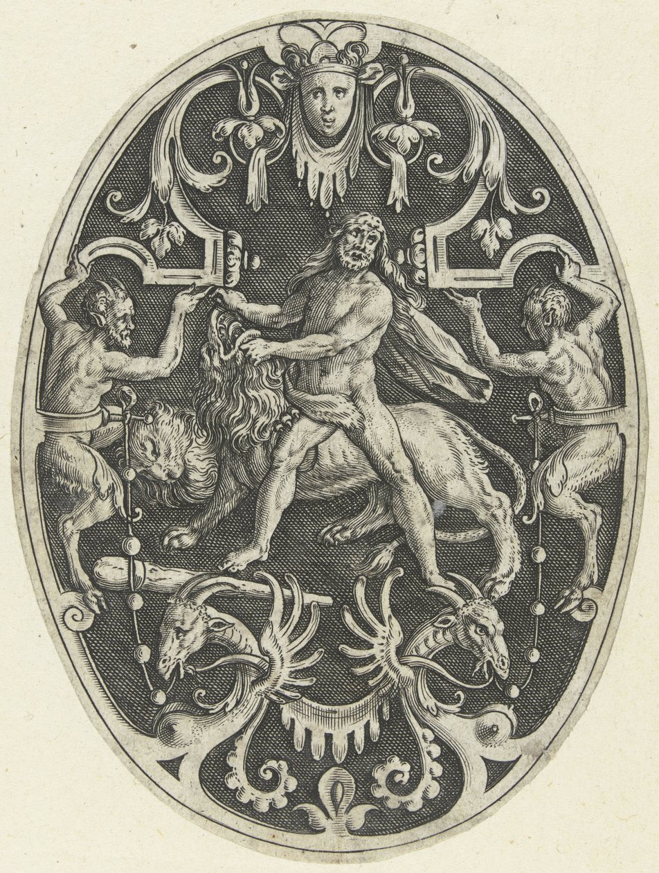 Decoração de planos: Hércules e o leão Nemean
Decorações de plano oval representando os feitos de Hércules em grotescos (título da série) de Gerard de Jode