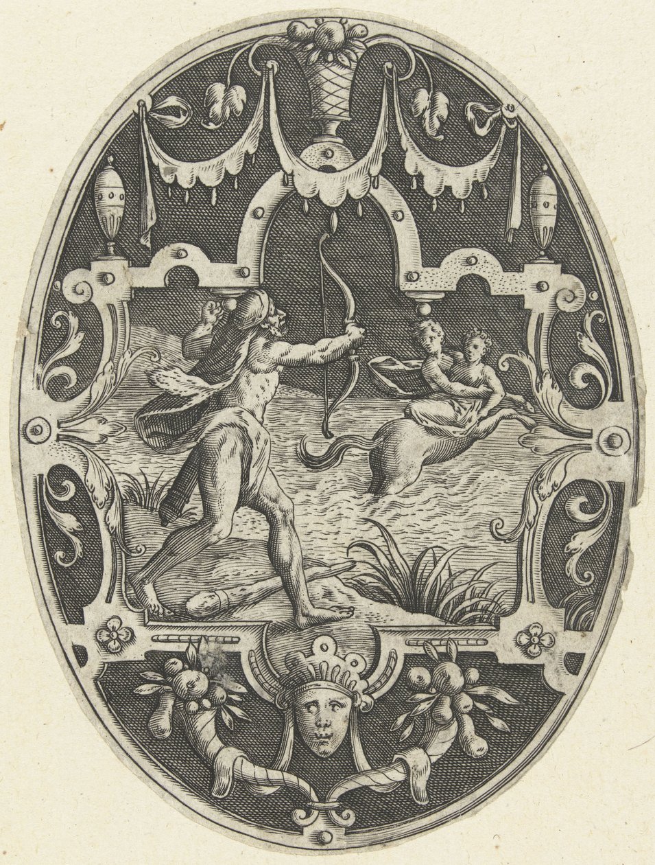 Decoração de planos: Hércules dispara o centauro Nessus que está a tentar enganar a Deianira
Decorações de plano oval mostrando os feitos de Hércules em grotescos (título da série) de Gerard de Jode