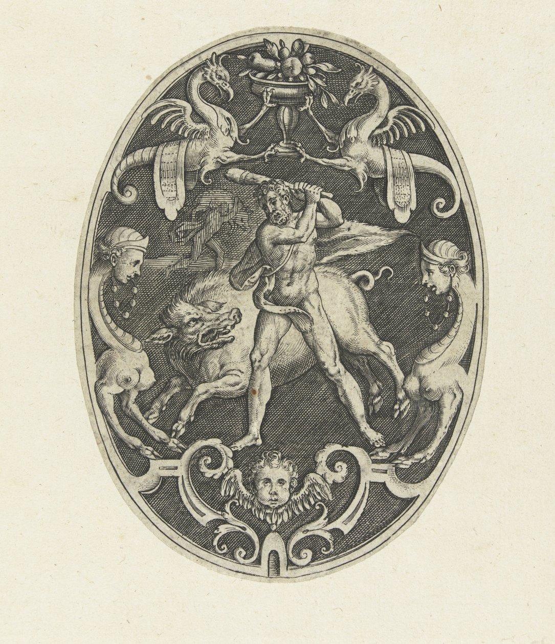 Decoração de planos: Hércules captura o javali eritmânico
Decorações de plano oval representando os feitos de Hércules em grotescos (título da série) de Gerard de Jode