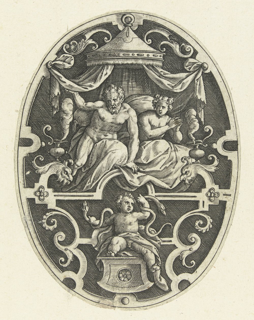 Decoração da superfície: Hércules estrangula as duas cobras em seu berço Decorações de superfície oval com os feitos de Hércules em grotescos (título da série) de Gerard de Jode