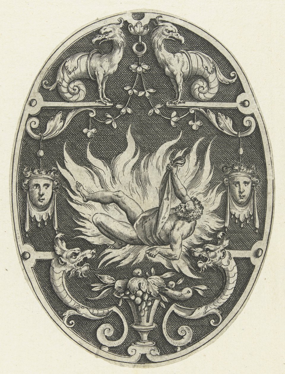 Decoração de superfície: a morte de Hércules Decorações de superfície oval com os feitos de Hércules em grotescos (título da série) de Gerard de Jode