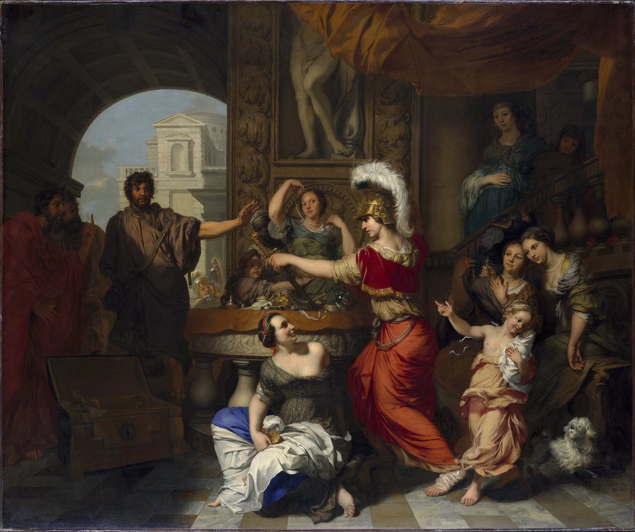 Achille decouvert par Ulysse parmi les filles de Lycomede a Skyros - Achilles Discovered by Ulysses Among the Daughters of Lycomedes at Skyros, de Lairesse, Gerard, de (1640-1711). Óleo sobre tela. Dimensão : 150,5x181 cm. Nationalmuseum Stockholm de Gerard de Lairesse