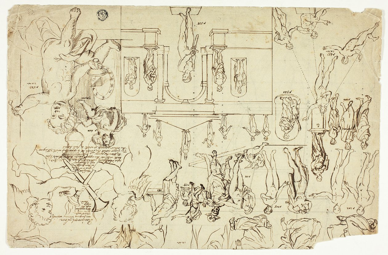 Cópias após ilustrações de estátuas e pinturas (anverso); Medidas para o esqueleto de um homem (verso) de Gerard de Lairesse