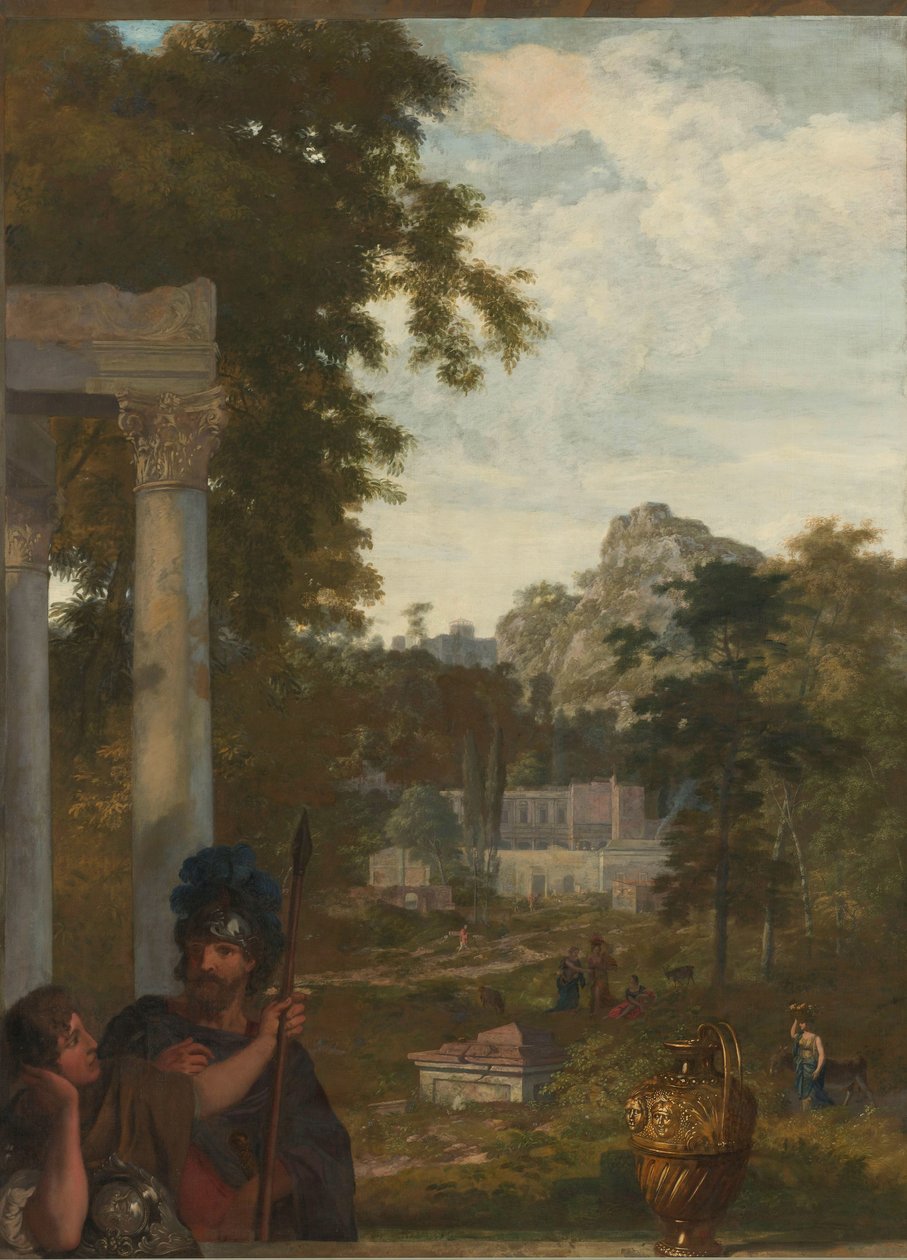Paisagem italiana com dois soldados romanos Decoração para um quarto na casa de Jacob de Flines em Amsterdã (título da série) de Gerard de Lairesse