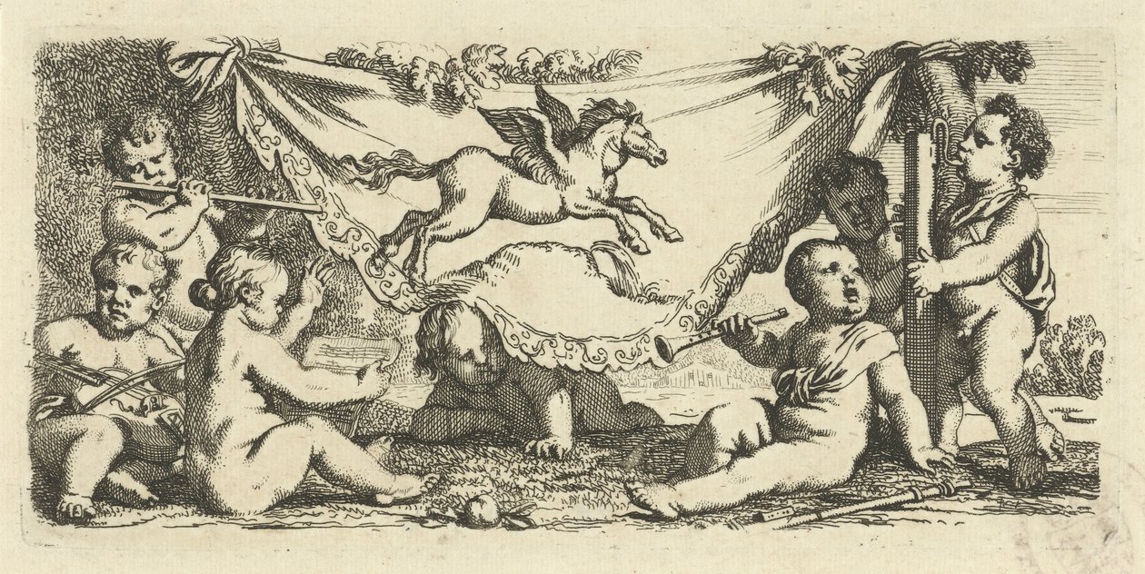 Putti fazendo música com Pegasus de Gerard de Lairesse