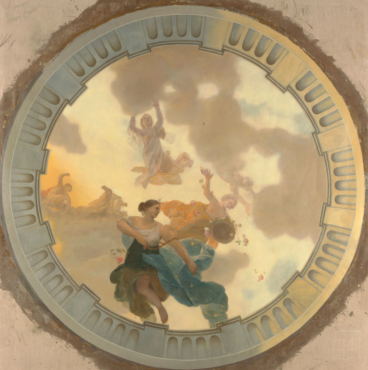 Parte (parte do meio) de uma pintura de teto com Diana e seus companheiros como a representação principal de Gerard de Lairesse