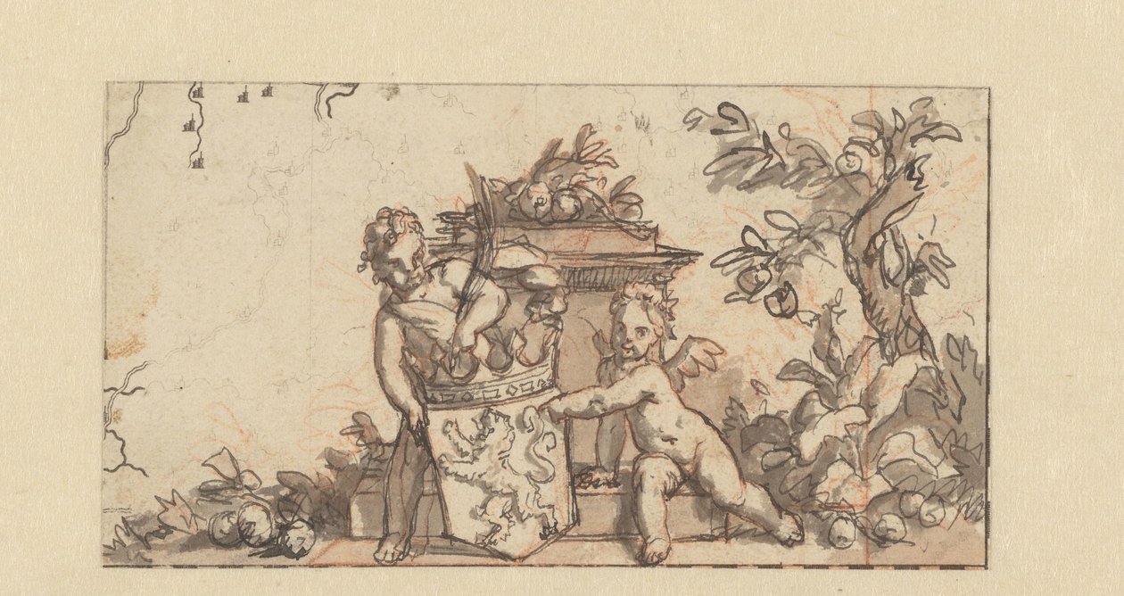 Desenho para uma vinheta com dois putti com o brasão de armas da Holanda de Gerard de Lairesse