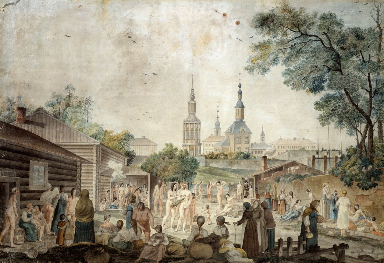 Um banho de cura em Moscou, 1790 (wc no papel) de Gerard de la Barthe