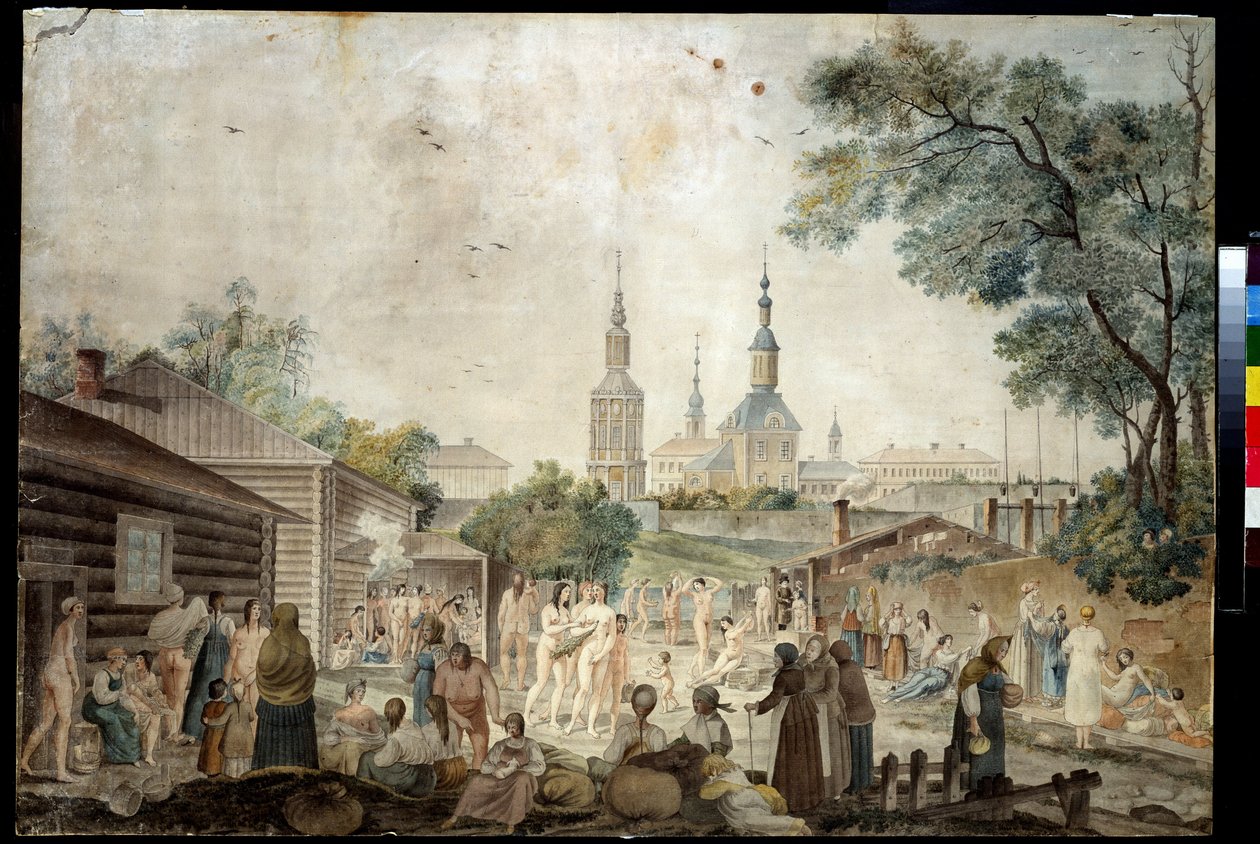 Une cure thermale (Sauna) a Moscou (Um banho de cura em Moscovo). Peinture de Gerard de la Barthe (actif entre 1787 e 1810). Aquarelle sur papier, 45,7 x 66,7 cm, vers 1790. Art francais du 18e siecle. Museu de colecções privadas em A.Pushkin Museu de Fine de Gerard de la Barthe