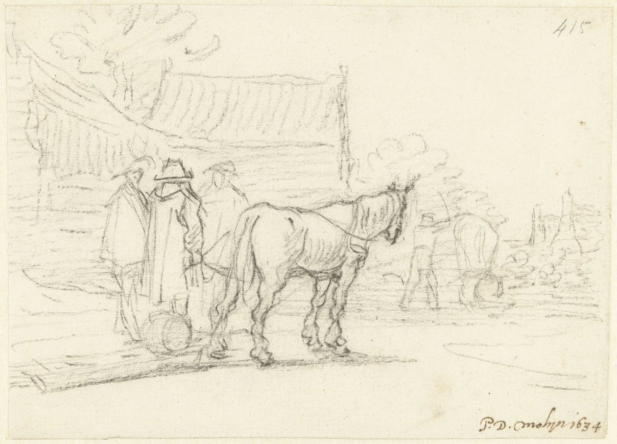 Três homens ao lado de um cavalo e de um trenó de Gerard ter Borch (II)