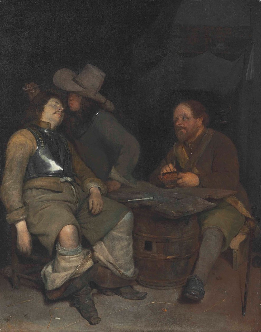 Interior de uma sala de guarda com um soldado a soprar fumo de Gerard ter Borch