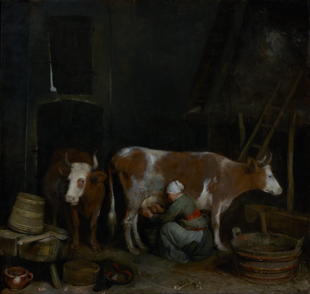 Uma criada a ordenhar uma vaca num celeiro de Gerard ter Borch