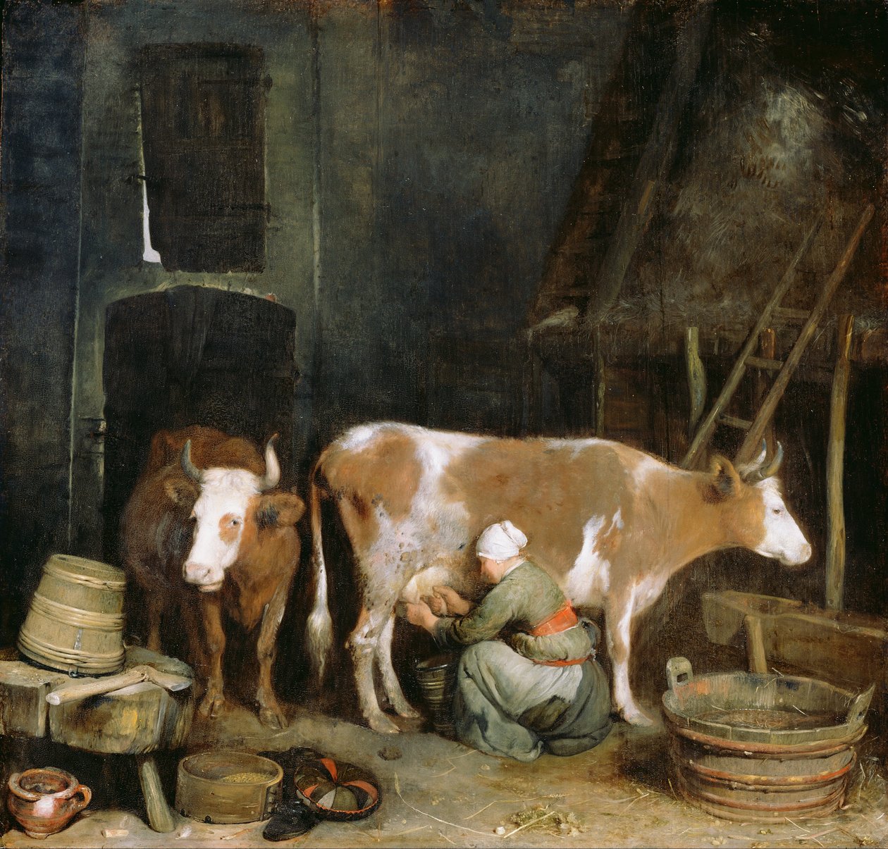 Uma empregada ordenha uma vaca em um celeiro de Gerard ter Borch