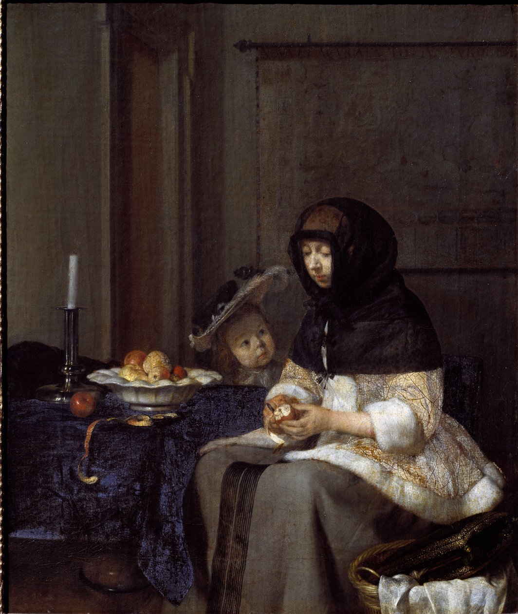 Uma mãe descascando uma maçã (óleo sobre tela de Gerard ter Borch