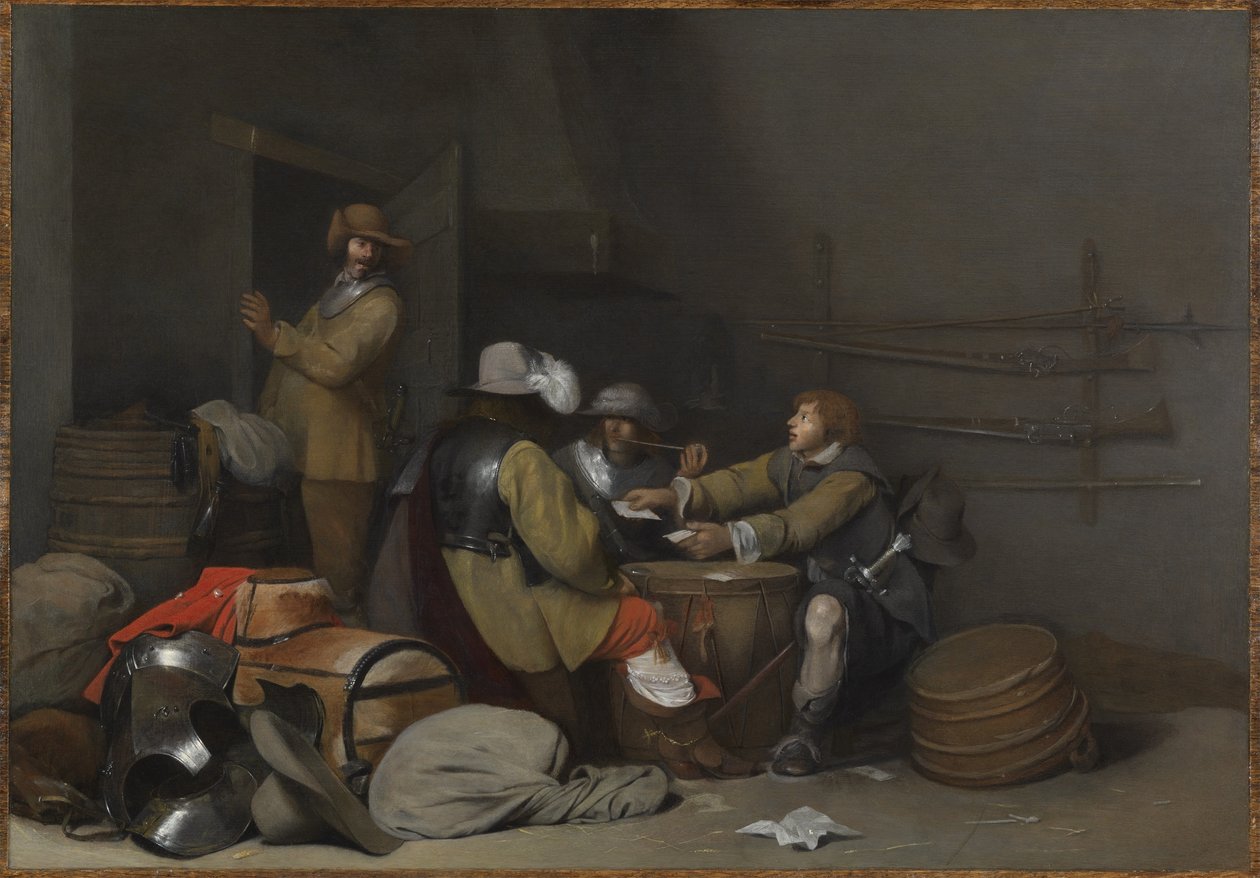 Interior da sala de guarda com soldados a fumar e a jogar às cartas de Gerard ter Borch