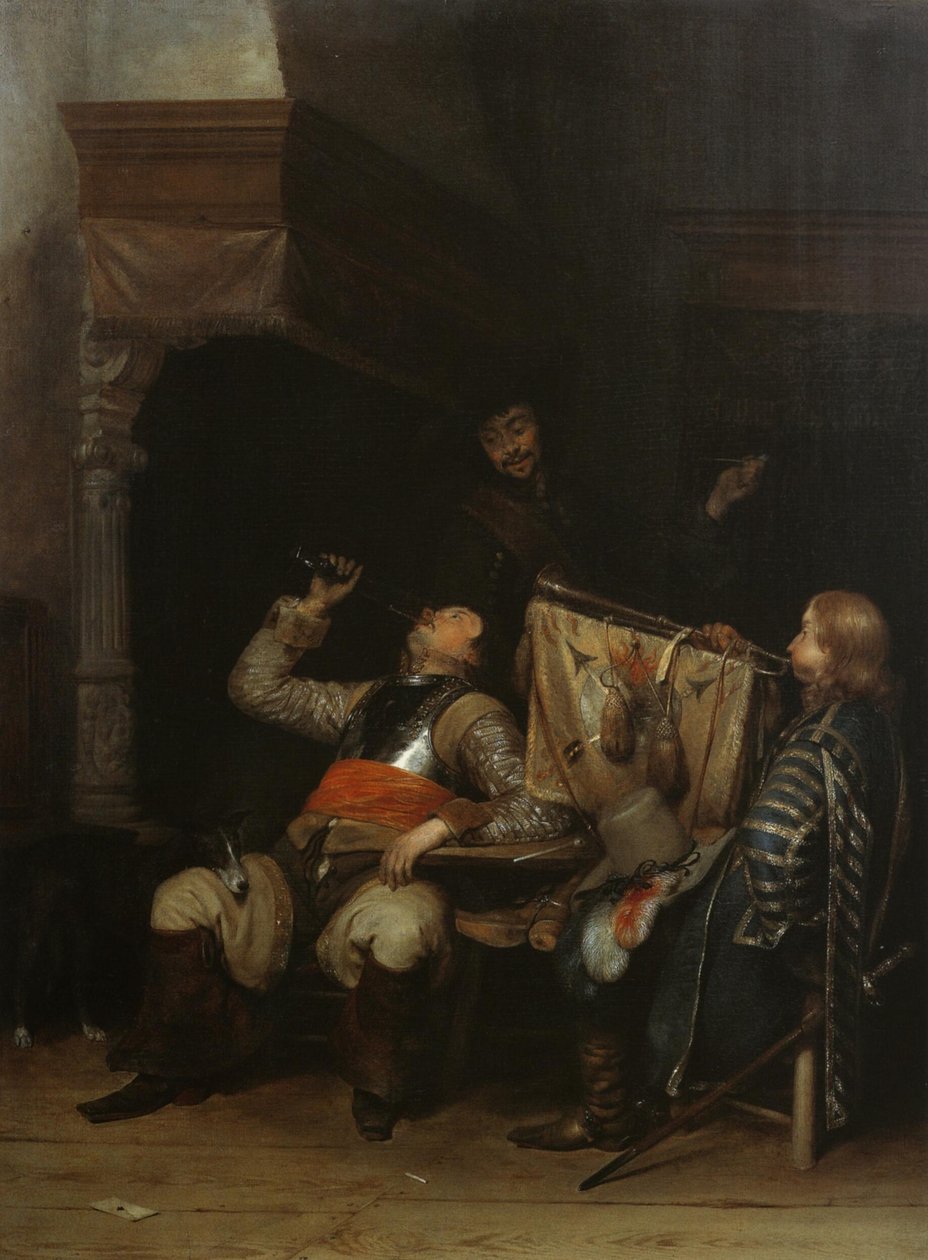 Soldados a beber, fumar e tocar música num interior de Gerard ter Borch