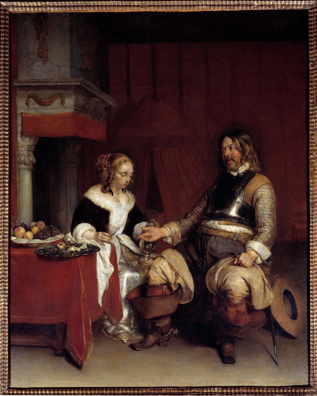 O Gallant Militar ou Jovem Mulher a quem um homem oferece dinheiro. Pintura de Gerard Ter Borch (1617-1681), holandês de Gerard ter Borch