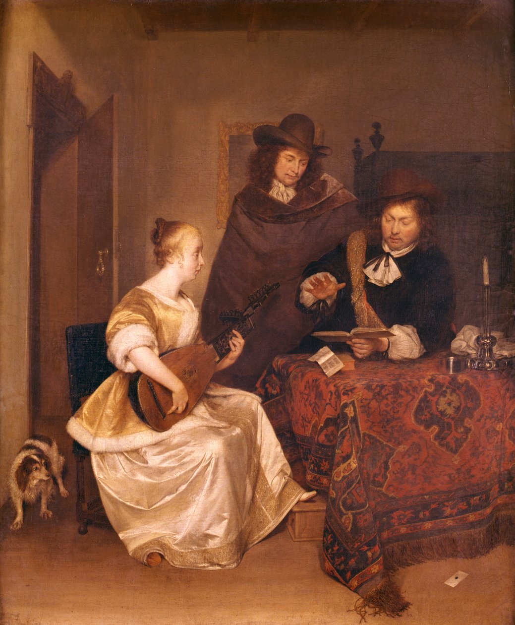 Uma jovem tocando Theorbo para dois homens, 1667-68 de Gerard ter Borch