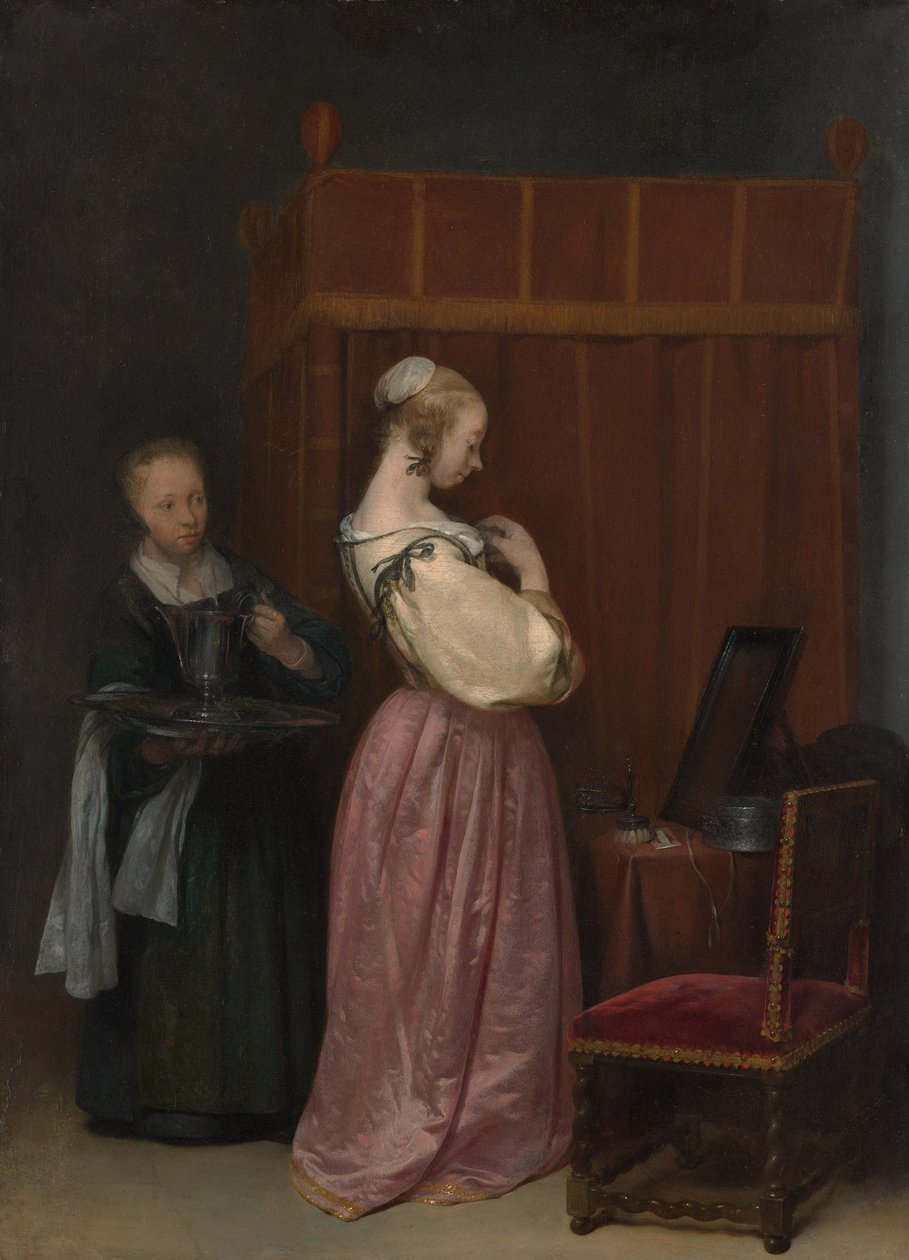 Uma jovem mulher em seu banheiro com uma empregada doméstica, c.1650-51 de Gerard ter Borch