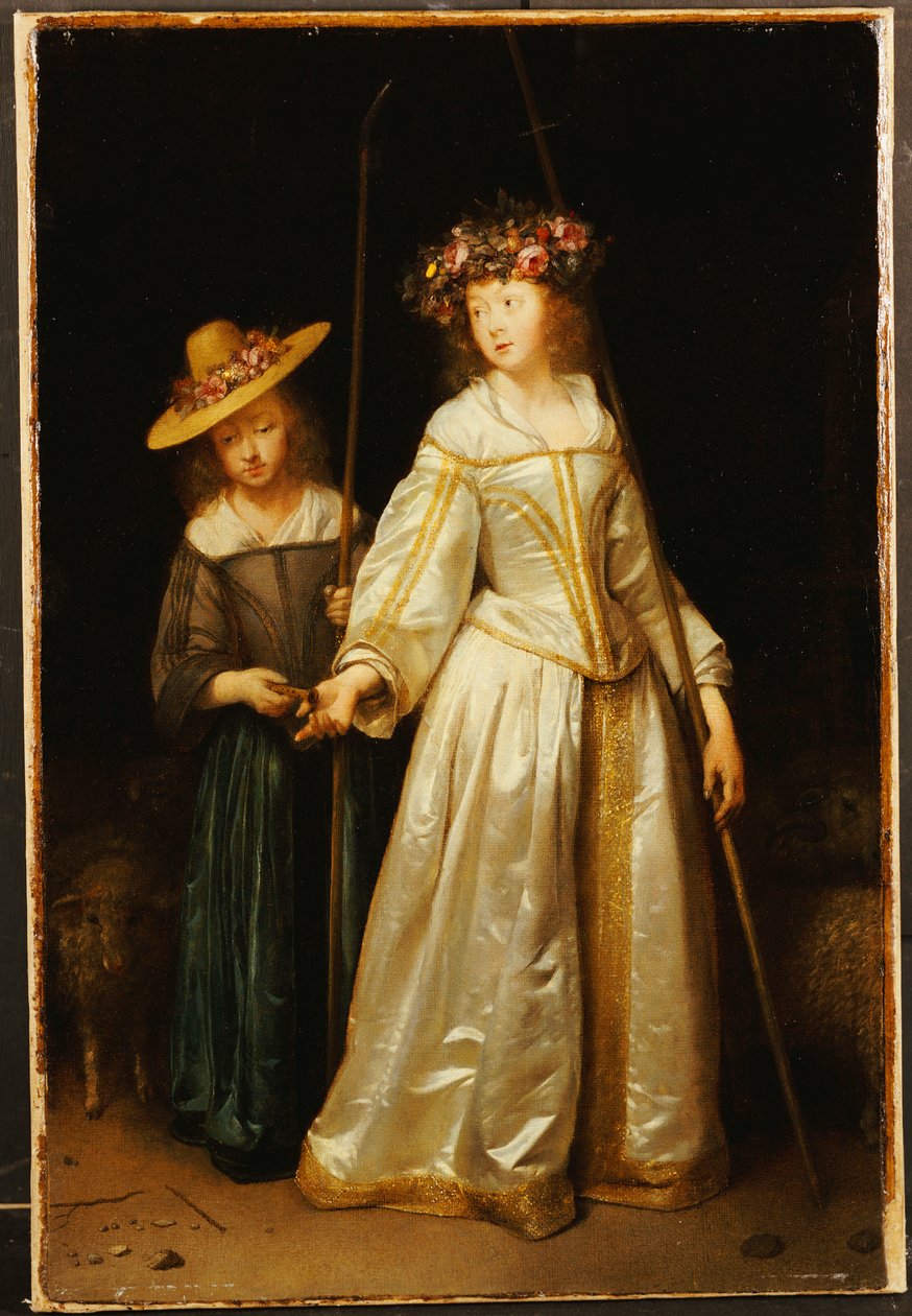 A meia-irmã da artista, com sua irmã mais nova, Catharina, dando-lhe uma flauta, 1651 de Gerard ter Borch