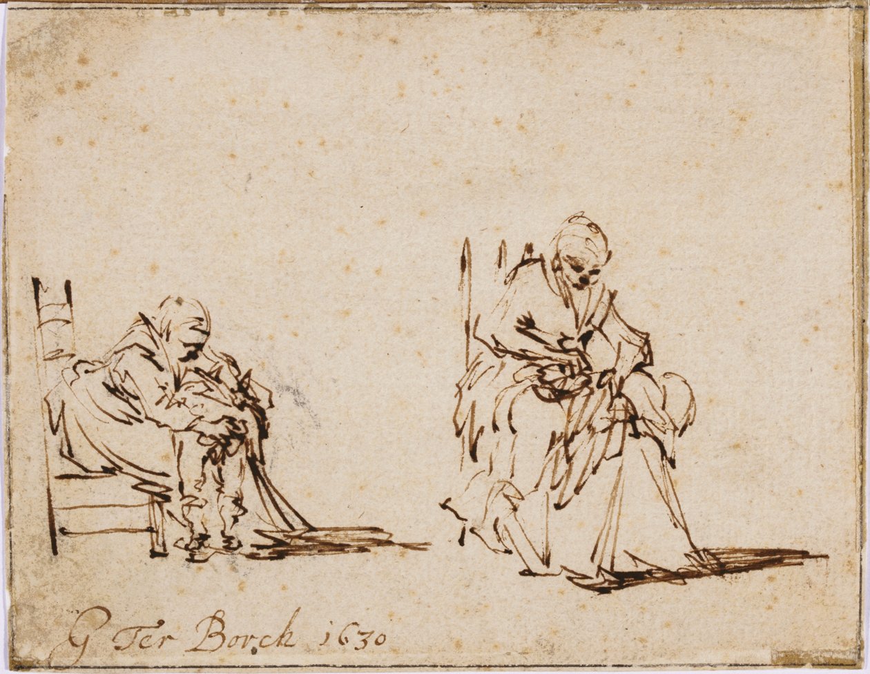 Dois estudos de uma mulher lavando uma criança de Gerard ter Borch