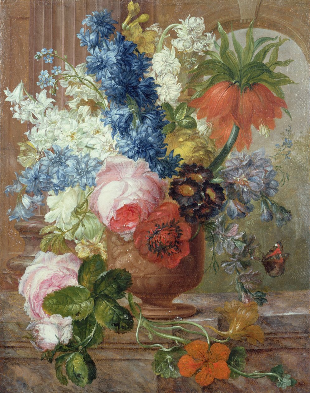 Rosas, Delfinios, Anémona, Nasturtium e um Lírio Imperial em uma Urna Esculpida em uma Marble Ledge (óleo sobre tela) de Gerard van (after) Spaendonck