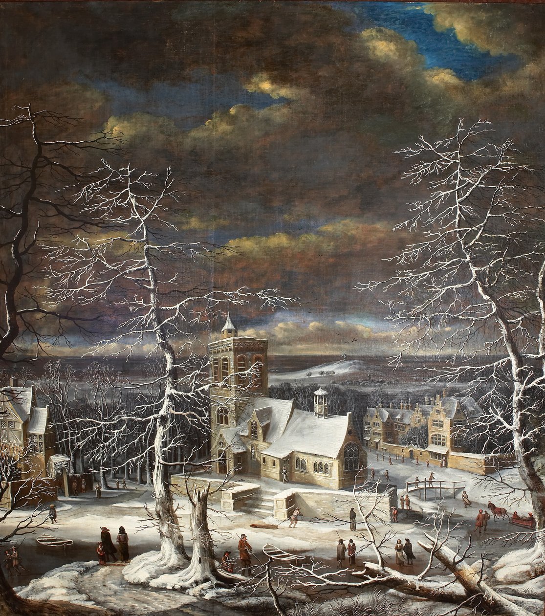 Uma aldeia no inverno em uma paisagem extensa com figuras no gelo (óleo sobre tela) de Gerard van Edema