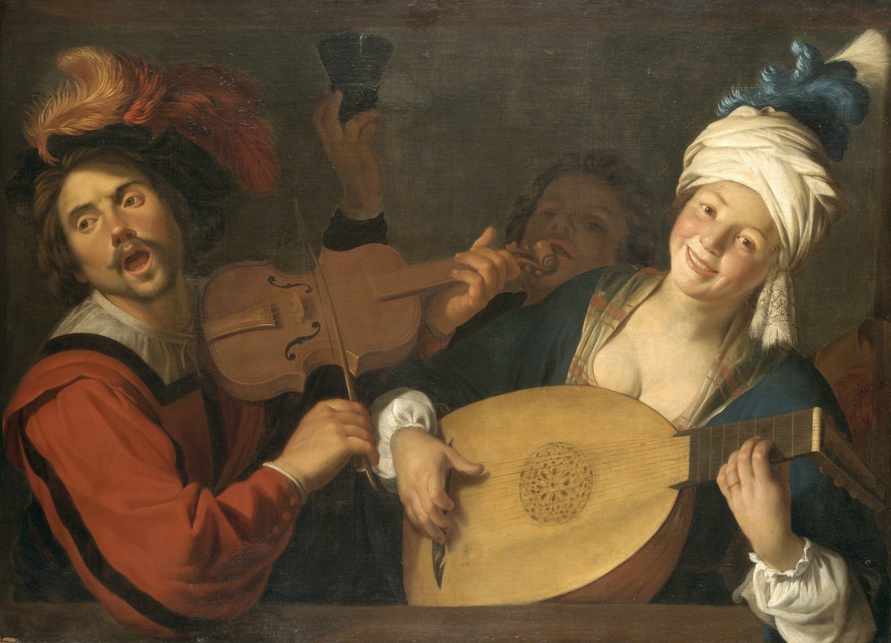 Francês:  Le Concert Casal a tocar música atrás de uma balaustrada de Gerard van Honthorst