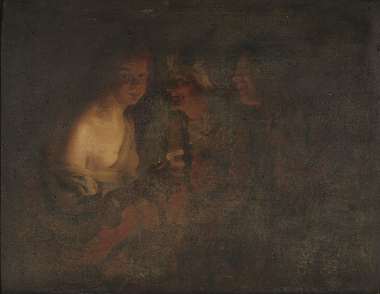Jovem com um castiçal, uma velha e um violinista de Gerard van Honthorst