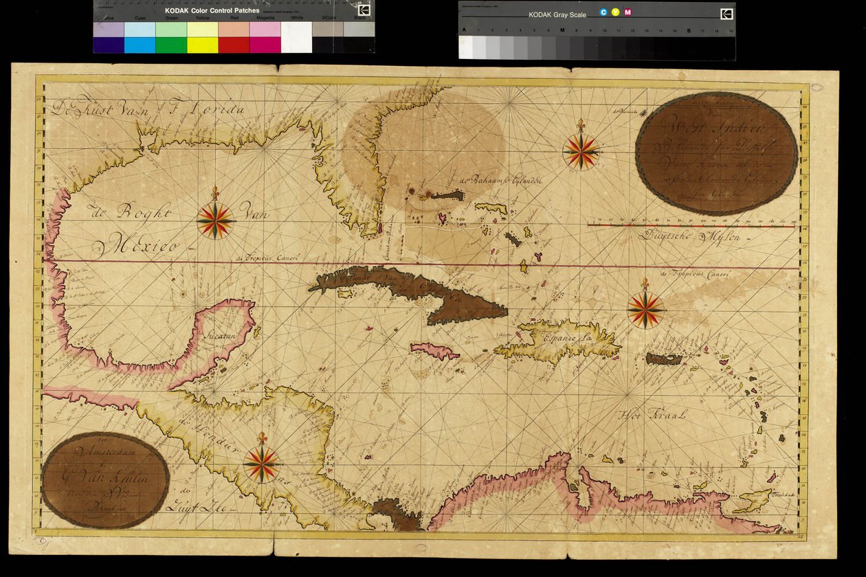 Mapa das Índias Ocidentais, Mar das Caraíbas, Antilhas de Gerard van Keulen