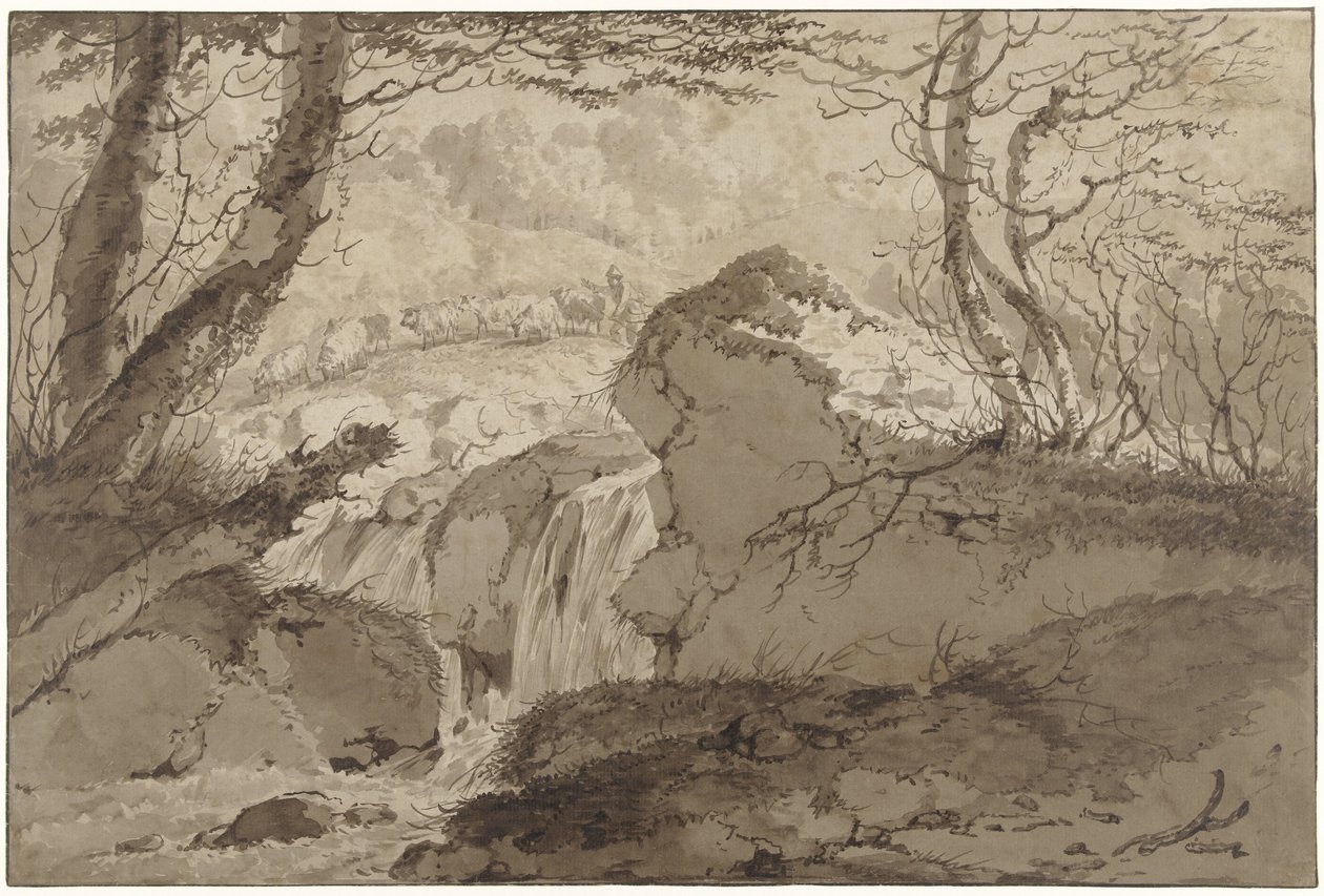 Paisagem de montanha com cascata entre árvores, ao longo da qual um pastor alimenta o seu rebanho de Gerard van Nijmegen