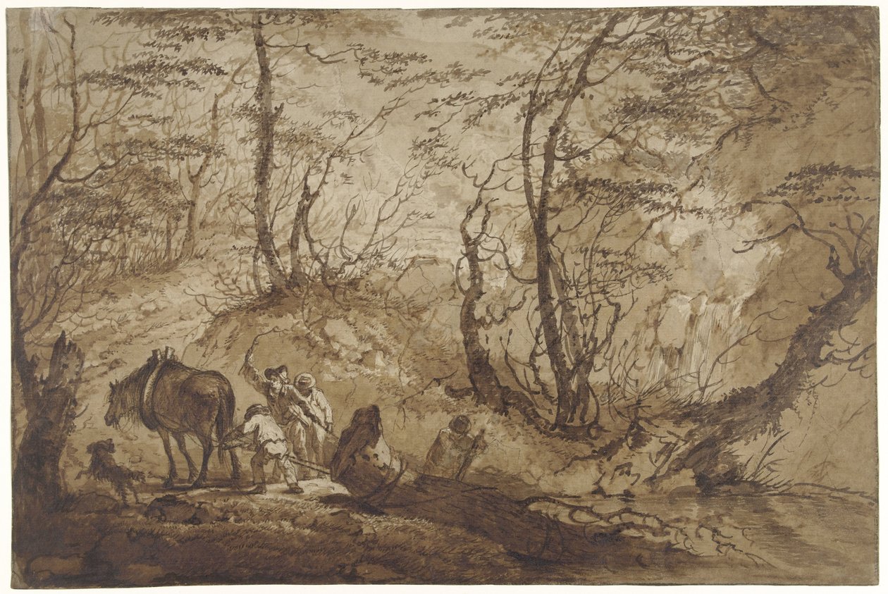 Em um caminho na floresta, um cavalo puxa uma árvore de uma poça, liderado por quatro homens de Gerard van Nijmegen