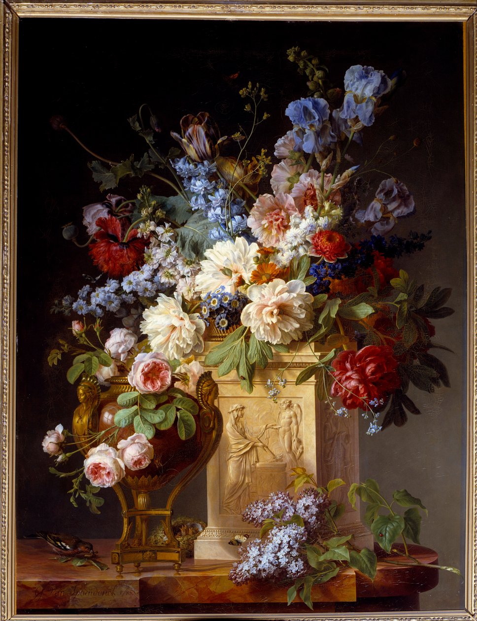 Cesto e vaso de flores. Pintura de Gerard De Spaendonck (1746-1822) de Gerard van Spaendonck
