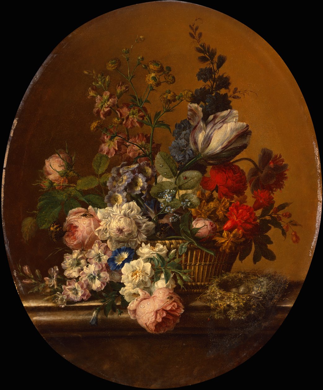 Natureza Morta de Flores num Cesto com um Ninho de Dunnock num Lado de Pedra (óleo sobre tela) de Gerard van Spaendonck