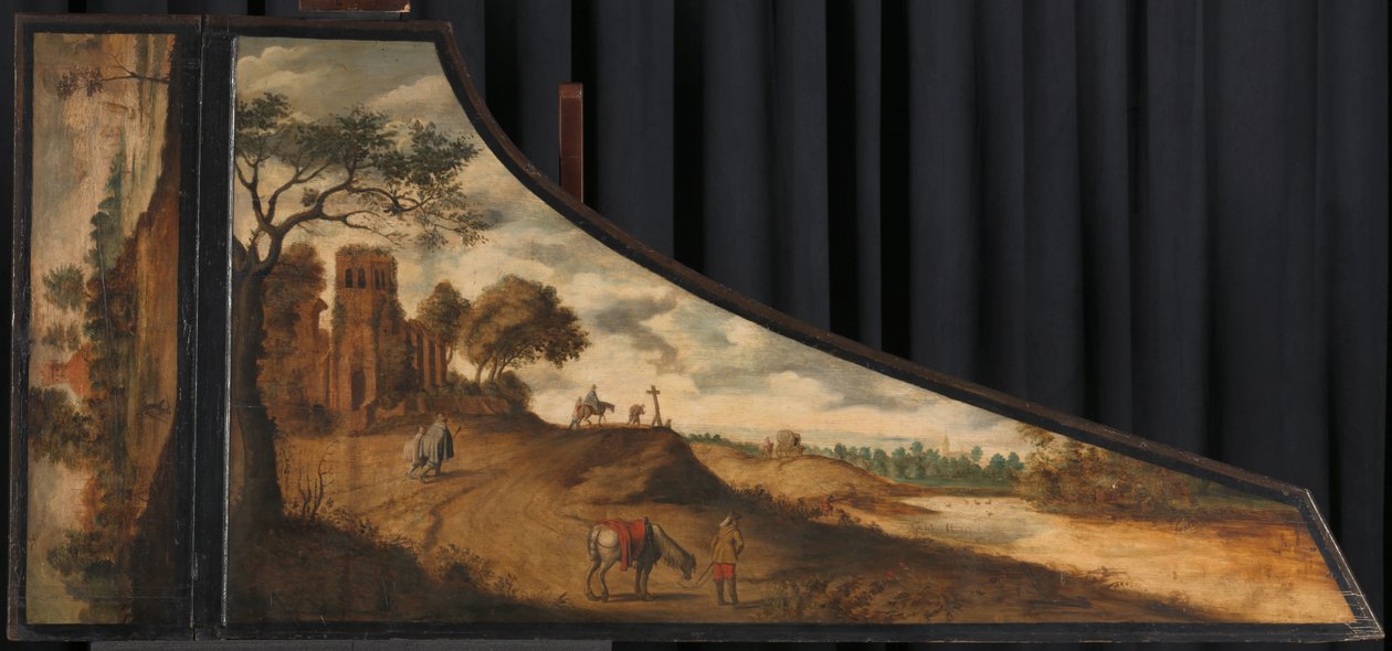 Tampa de um cravo
Pintura sobre uma tampa de cravo com uma paisagem montanhosa e viajantes de Gerard van der Horst (copy after)
