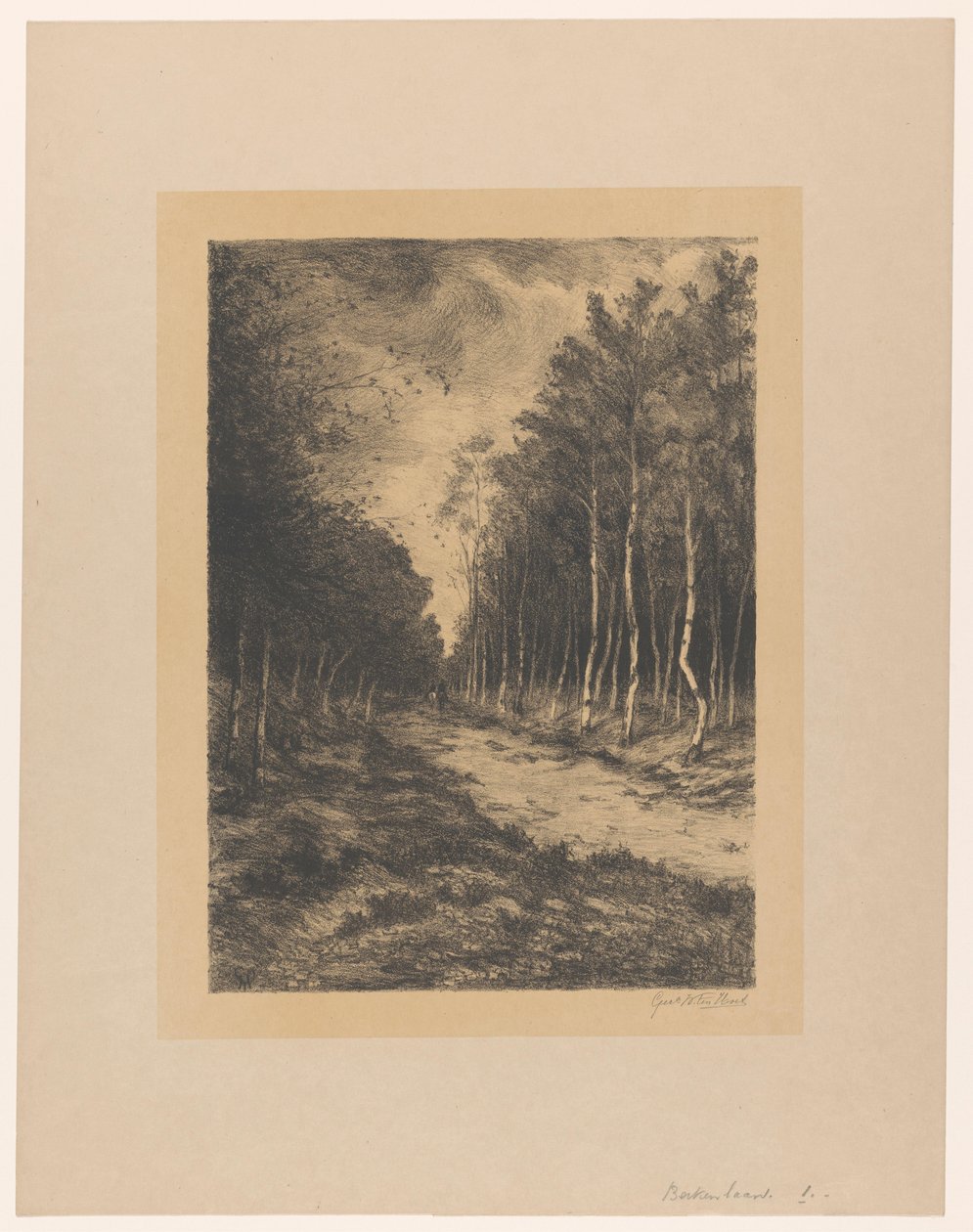 Trilha da floresta com dois pilotos Berkenlaan (título no objeto) de Gerarda Wilhelmina ten Hoet (signed by artist)