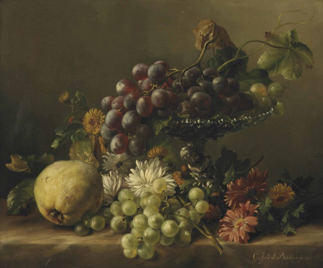 Um marmelo, dentes-de-leão, margaridas, dálias e um planalto com uvas, tudo em uma saliência de Gerardina Jacoba van de Sande Bakhuyzen