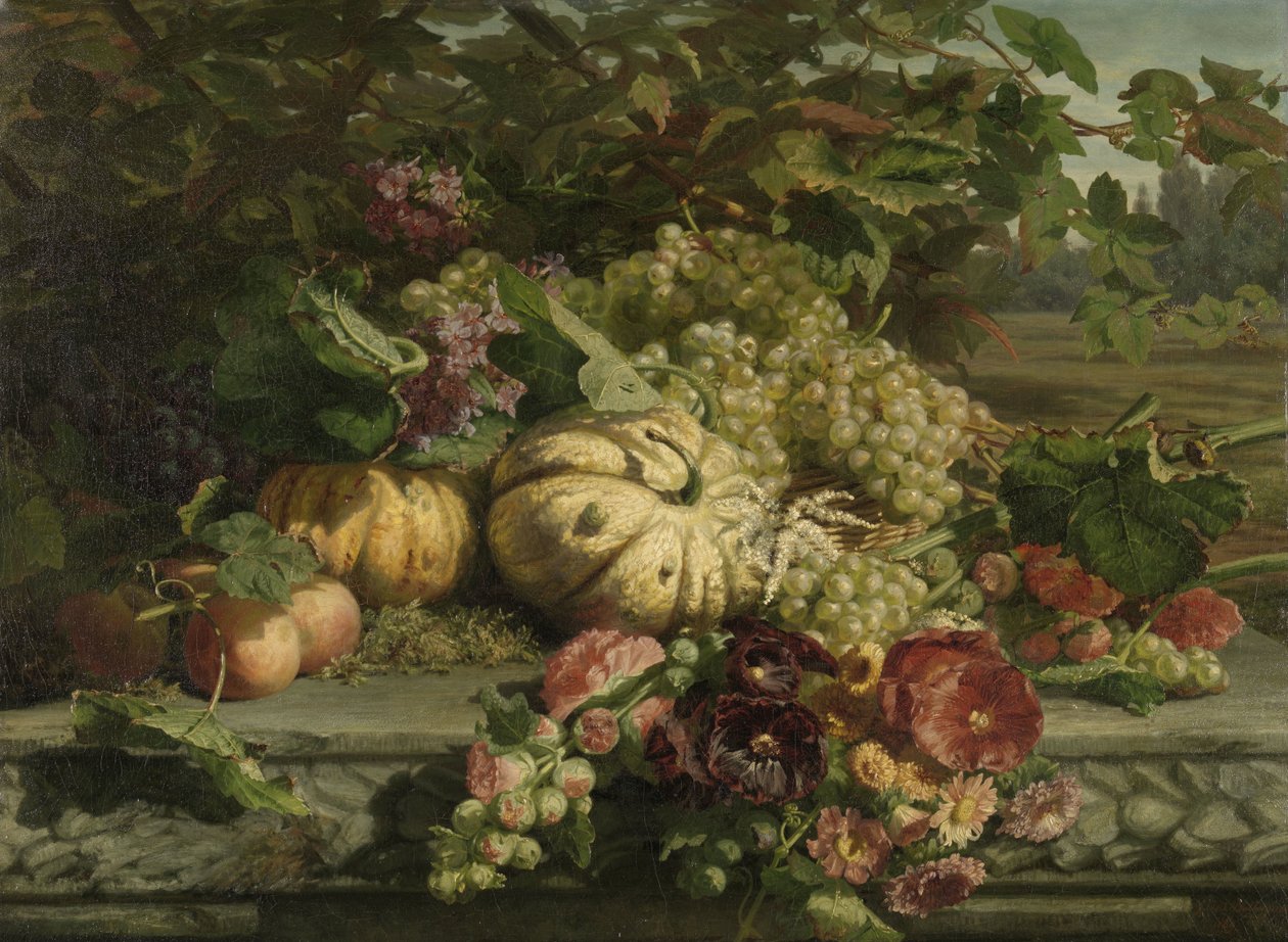 Holandês: Natureza morta com flores e frutos de Gerardina Jacoba van de Sande Bakhuyzen