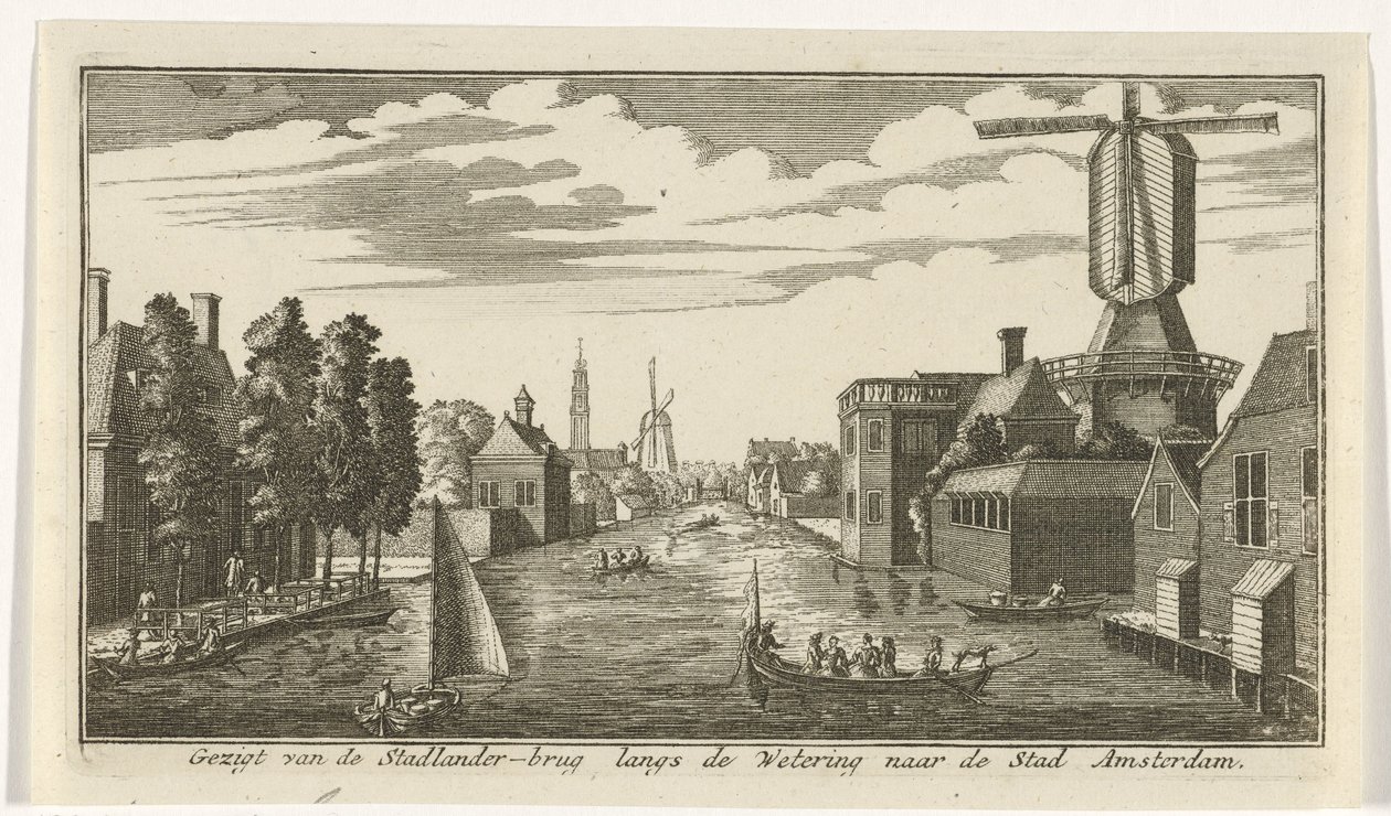 Vista ao longo do Wetering em Amsterdã Vista da ponte Stadlander ao longo de Wetering até a cidade de Amsterdã (título no objeto) de Gerardus Condet