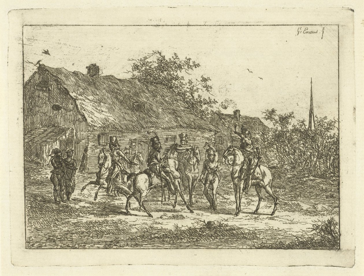 Cavalaria em uma vila A bebida de despedida de Gerardus Emaus de Micault