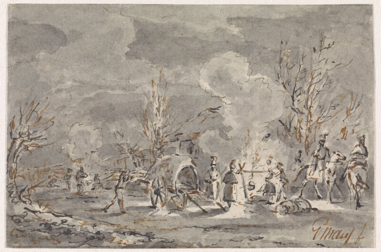 Acampamento do exército com soldados à volta da fogueira de Gerardus Emaus de Micault