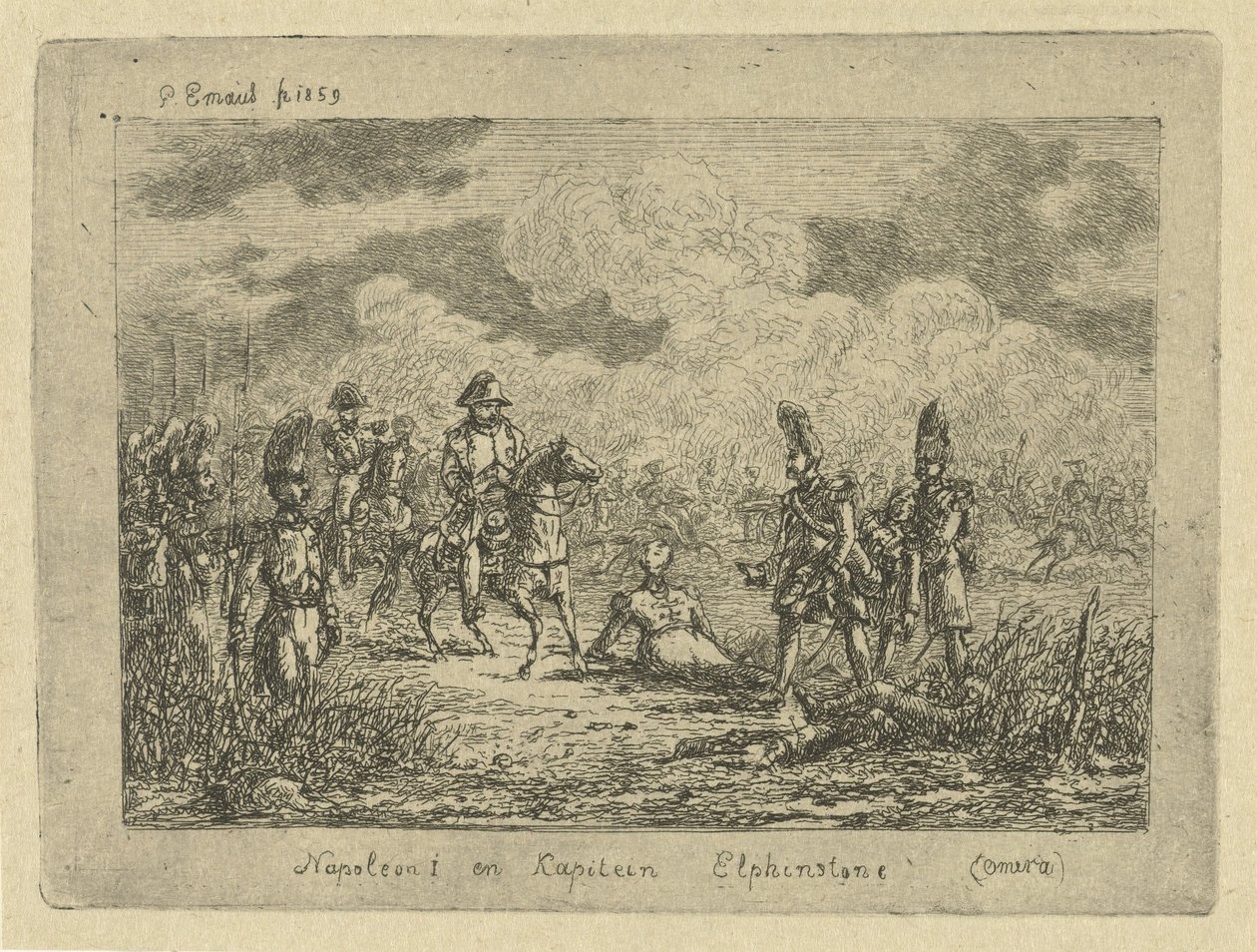 Napoleão com soldados caídos
Napoleão I e Capitão Elphinstone (Omera) (título sobre o objecto) de Gerardus Emaus de Micault