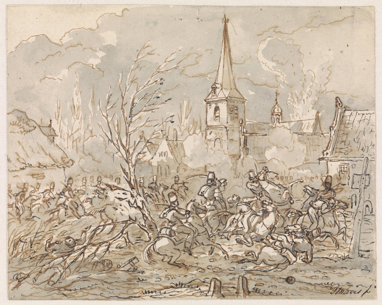 Batalha equestre na captura de uma aldeia de Gerardus Emaus de Micault