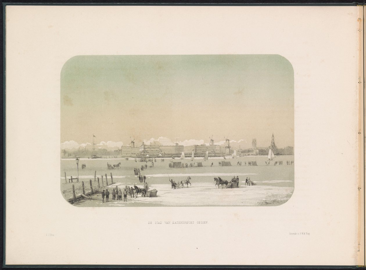 Entretenimento de gelo no Maas em Rotterdam, visto de Katendrecht, 1855 A cidade de Katendrecht vista (título no objeto) O entretenimento de gelo no Maas em Rotterdam em fevereiro de 1855, com legendas (título da série no objeto) de Gerardus Johannes Bos