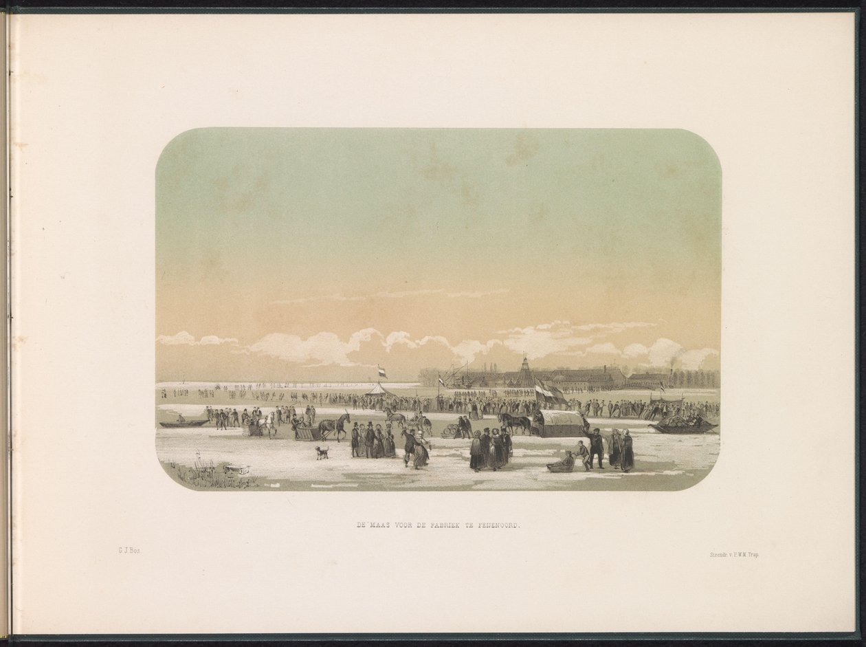 Entretenimento no gelo no rio Maas em Roterdão, a fábrica em Feijenoord à distância, 1855
O rio Maas em frente à fábrica no Feijenoord (título sobre o objecto)
Entretenimento no rio Maas em Roterdão, em Fevereiro de 1855, com legendas (título da série so de Gerardus Johannes Bos