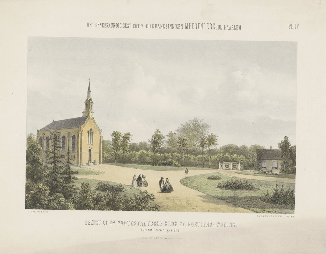 Igreja e casa do porteiro atrás de Meerenberg
Vista da igreja protestante e da casa do porteiro (título sobre o objecto)
O asilo médico Meerenberg perto de Haarlem (título da série sobre o objecto) de Gerardus Johannes Bos